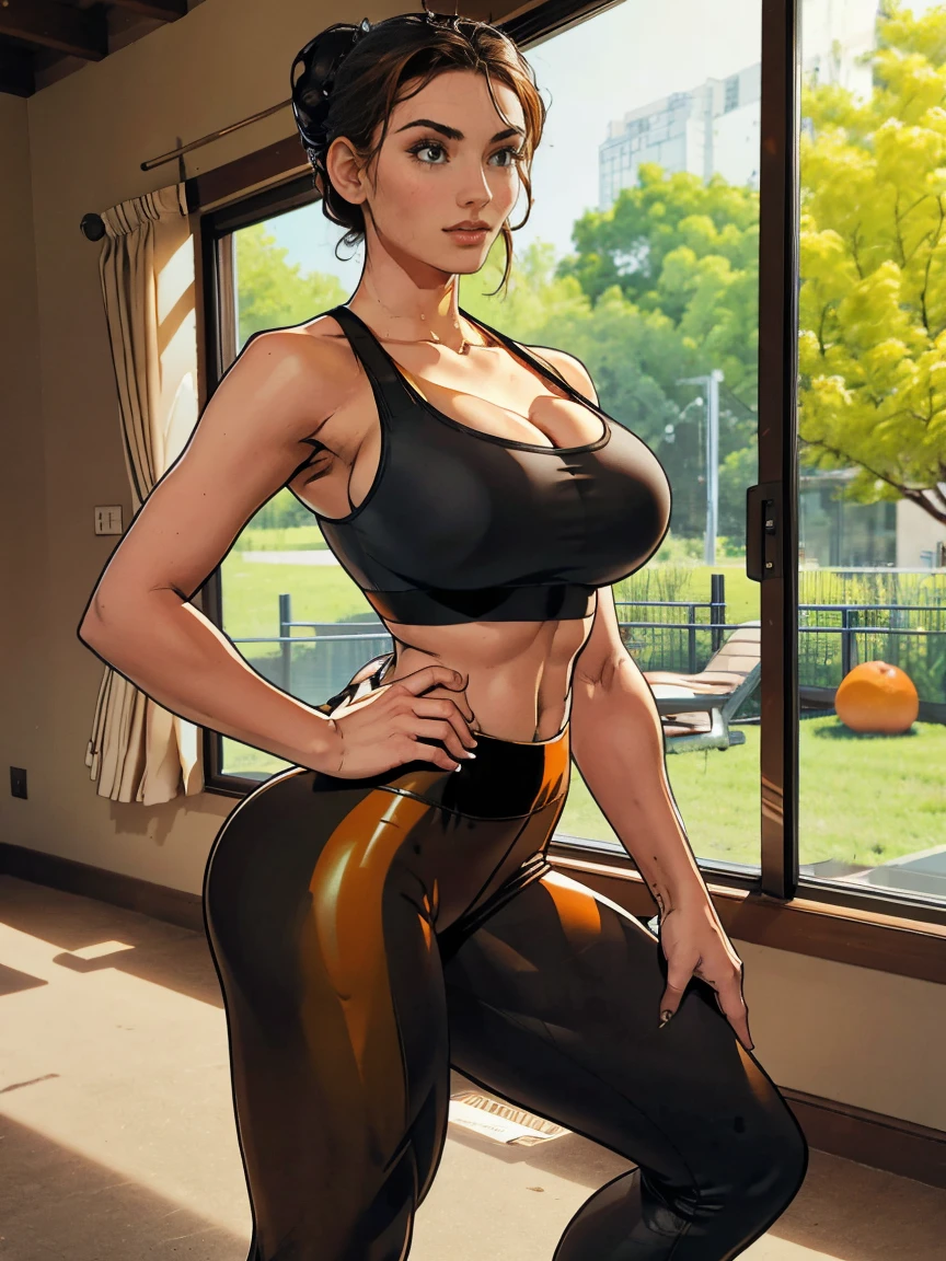 Extremely busty thin and toned brunette, gym girl, fair skin, loose updo, soft face, athletic, orange sports bra, black leggings. standing by a sliding glass door, gym, windows