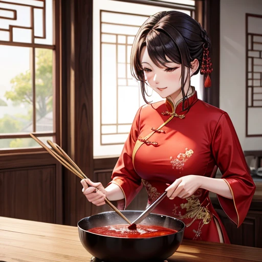 Mature Woman Red Chinese Dress Cooking using a wok There is a slit