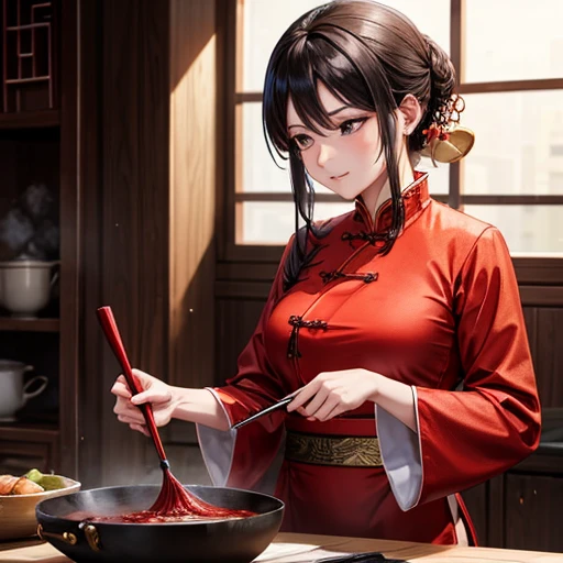 Mature Woman Red Chinese Dress Cooking using a wok There is a slit