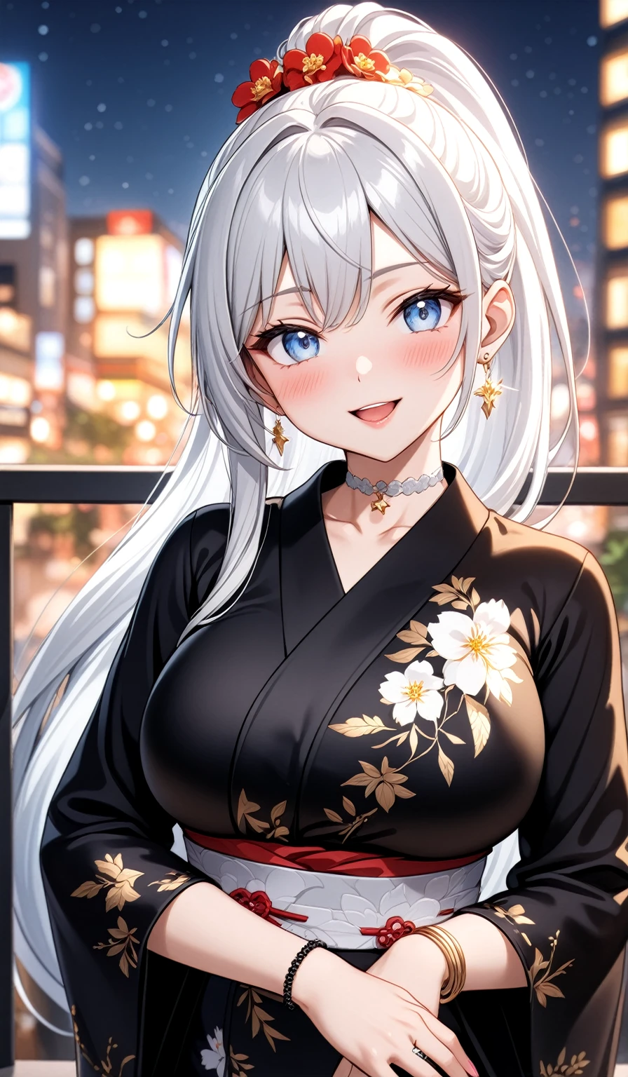 ((One personの女性)), Beautiful Face, Laughing embarrassedly, (laugh:1.2),((Wink:1.9)), (head tilt:1.3), Laugh with your mouth wide open, upper teeth, looking at viewer, ((full-face blush:1.6)),Glossy Red Lips, Night view, High rise building terrace, firework, Glossy red lips, Shining Face, ((anime colored)), ((Anime style background)),masterpiece, Highest quality, so beautiful,up to date, Complex details, (Pink long nails),(ring),(bracelet),(Floral choker),AI-generated, Complex,High resolution, Highest quality, super high quality,3D Images、3D Images, One person, Long white hair, High Ponytail, Anime woman posing for a photo, (blue eyes), ((Fine grain、Silvery white, lightly pigmented eyes、Shining Eyes:1.3)), (Squint your eyes:1.1),a hyperRealistic , hyperRealistic , Realistic,Anime woman with long white hair, Smooth anime CG art, ((A woman in a colorful kimono with gold embroidery)), ((Long sleeve black kimono:1.3)),(Red floral pattern),Long flower hair ornament,Earrings,Mature Body,(Big Breasts:1.1),Tall,Abdominal muscles,Tight waist,(face focus:1.2), (front view),