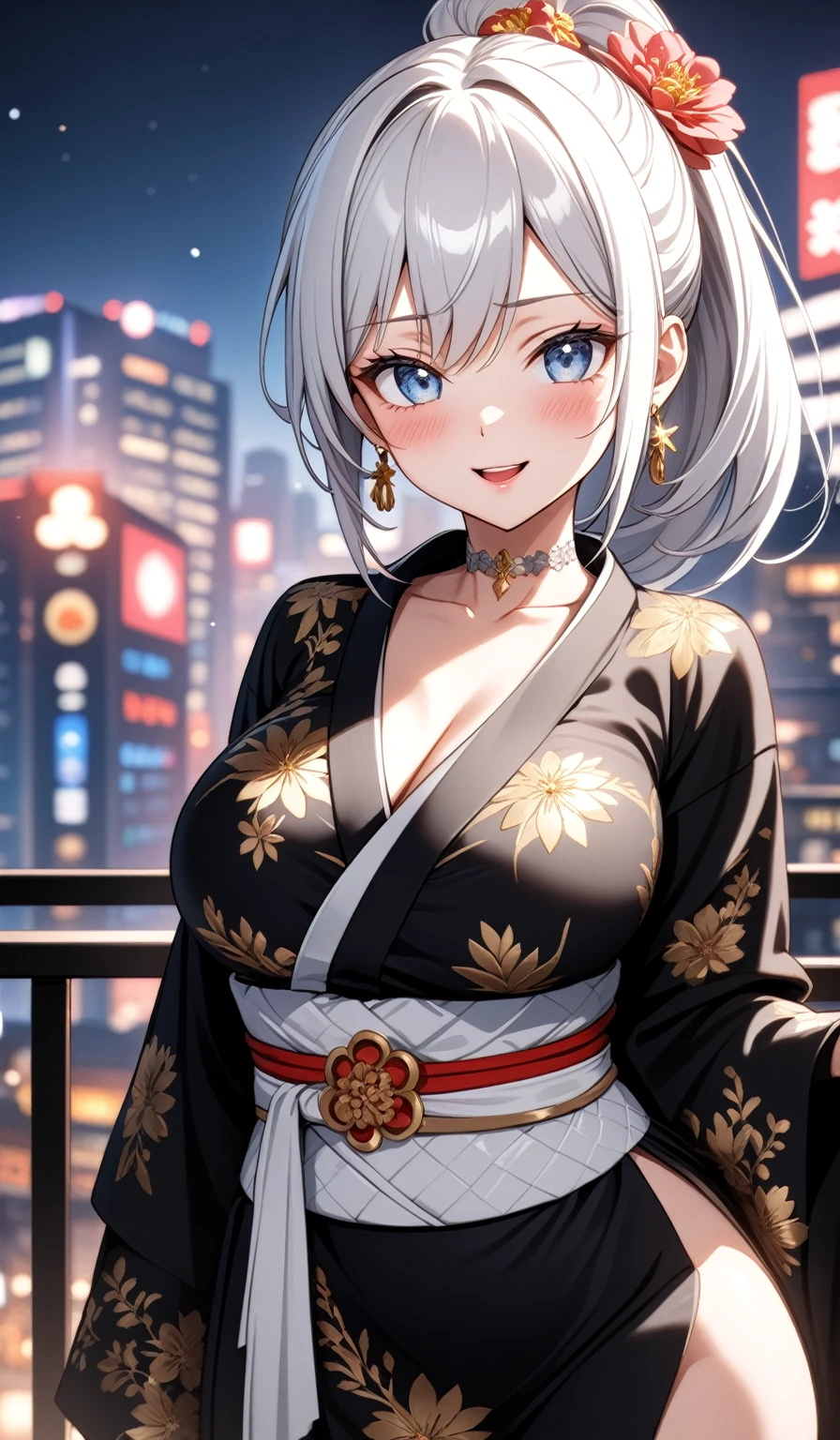 ((One personの女性)), Beautiful Face, Laughing embarrassedly, (laugh:1.2),((Wink:1.9)), (head tilt:1.3), Laugh with your mouth wide open, upper teeth, looking at viewer, ((full-face blush:1.6)),Glossy Red Lips, Night view, High rise building terrace, firework, Glossy red lips, Shining Face, ((anime colored)), ((Anime style background)),masterpiece, Highest quality, so beautiful,up to date, Complex details, (Pink long nails),(ring),(bracelet),(Floral choker),AI-generated, Complex,High resolution, Highest quality, super high quality,3D Images、3D Images, One person, Long white hair, High Ponytail, Anime woman posing for a photo, (blue eyes), ((Fine grain、Silvery white, lightly pigmented eyes、Shining Eyes:1.3)), (Squint your eyes:1.1),a hyperRealistic , hyperRealistic , Realistic,Anime woman with long white hair, Smooth anime CG art, ((A woman in a colorful kimono with gold embroidery)), ((Long sleeve black kimono:1.3)),(Red floral pattern),Long flower hair ornament,Earrings,Mature Body,(Big Breasts:1.1),Tall,Abdominal muscles,Tight waist,(face focus:1.2), (front view),