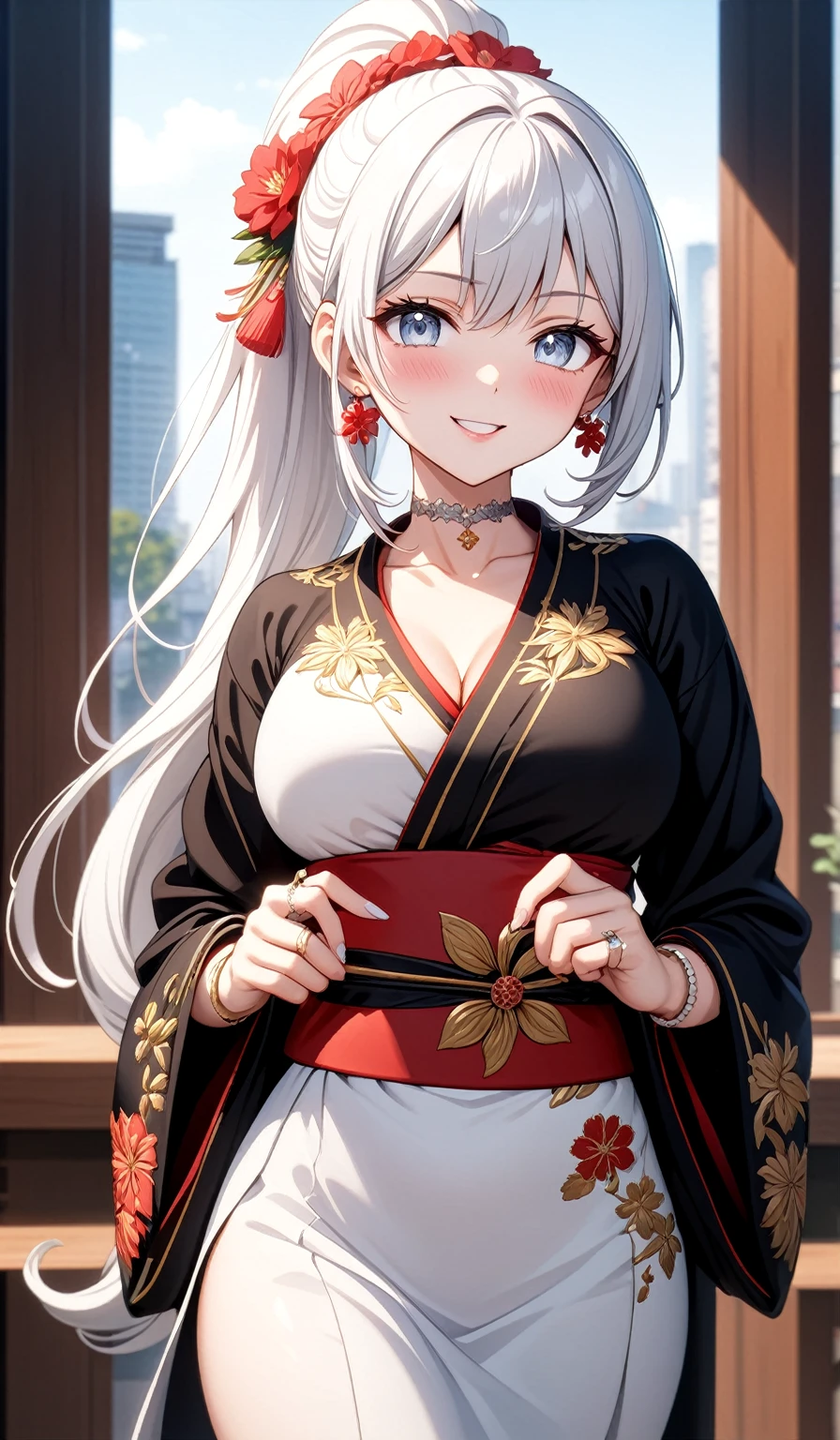 ((One personの女性)), Beautiful Face, Laughing embarrassedly, (laugh:1.2),((Wink:1.9)), (head tilt:1.3), Laugh with your mouth wide open, upper teeth, looking at viewer, ((full-face blush:1.6)),Glossy Red Lips, Night view, High rise building terrace, firework, Glossy red lips, Shining Face, ((anime colored)), ((Anime style background)),masterpiece, Highest quality, so beautiful,up to date, Complex details, (Pink long nails),(ring),(bracelet),(Floral choker),AI-generated, Complex,High resolution, Highest quality, super high quality,3D Images、3D Images, One person, Long white hair, High Ponytail, Anime woman posing for a photo, (blue eyes), ((Fine grain、Silvery white, lightly pigmented eyes、Shining Eyes:1.3)), (Squint your eyes:1.1),a hyperRealistic , hyperRealistic , Realistic,Anime woman with long white hair, Smooth anime CG art, ((A woman in a colorful kimono with gold embroidery)), ((Long sleeve black kimono:1.3)),(Red floral pattern),Long flower hair ornament,Earrings,Mature Body,(Big Breasts:1.1),Tall,Abdominal muscles,Tight waist,(face focus:1.2), (front view),