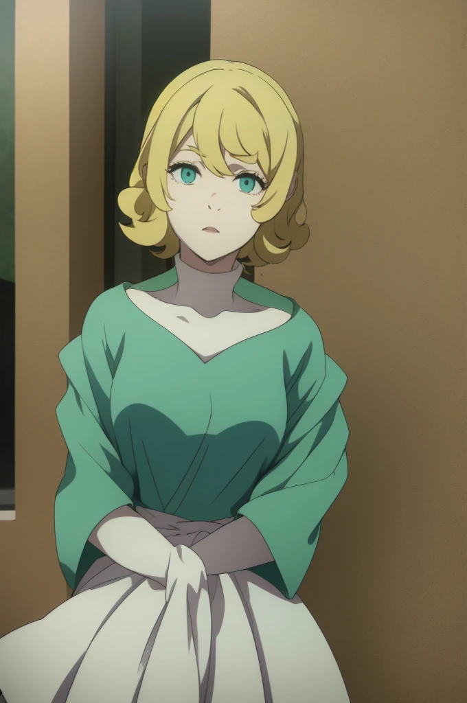 Animated 2D anime girl, Blonde short hair above the shoulders, somewhat curly hair, pale pink lips, pale white skin,blue green eyes, anime