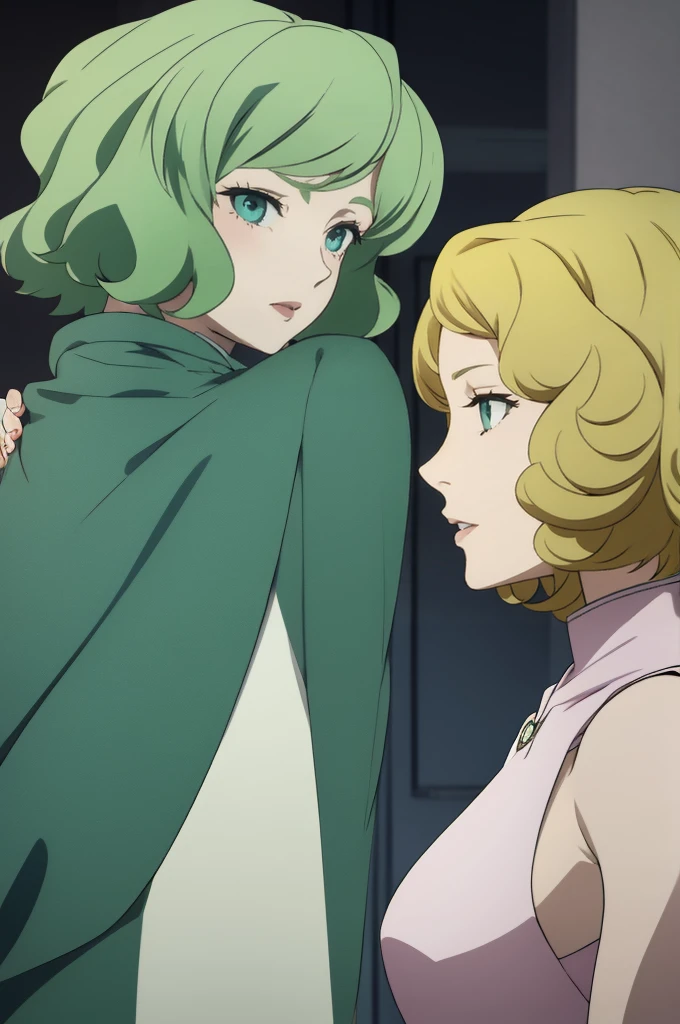 Animated 2D anime girl, Blonde short hair above the shoulders, somewhat curly hair, pale pink lips, pale white skin,blue green eyes, anime