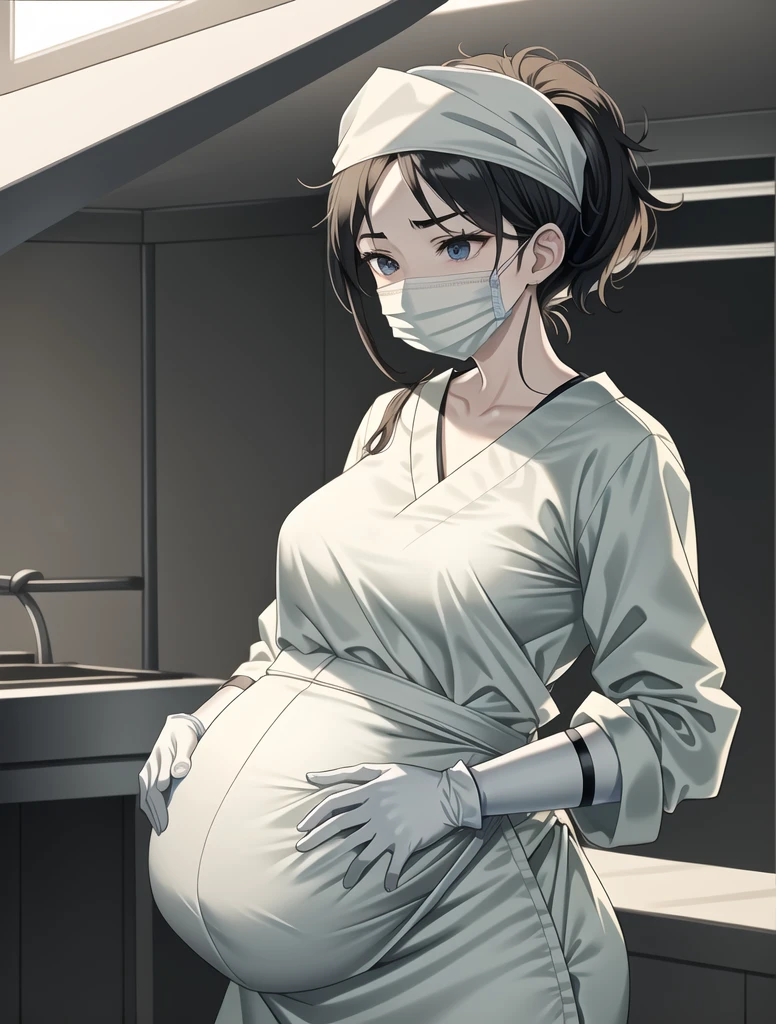 Score_9, Score_8_up, Score_7_up, source_anime, pale skin, surgical mask, surgical cap, long sleeve surgical gown,
1 girl, pregnant, solo, rubber gloves, looking down, frowning, operating bed, in the operating room, standing,