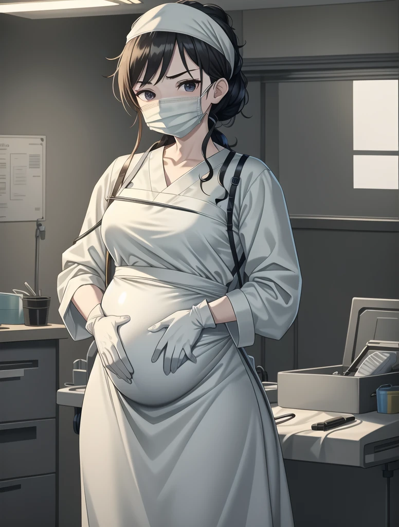 Score_9, Score_8_up, Score_7_up, source_anime, pale skin, surgical mask, surgical cap, long sleeve surgical gown,
1 girl, pregnant, solo, rubber gloves, looking down, frowning, operating bed, in the operating room, standing,