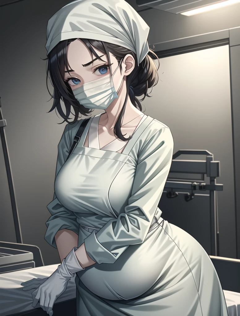 Score_9, Score_8_up, Score_7_up, source_anime, pale skin, surgical mask, surgical cap, long sleeve surgical gown,
1 girl, pregnant, solo, rubber gloves, looking down, frowning, operating bed, in the operating room, standing,