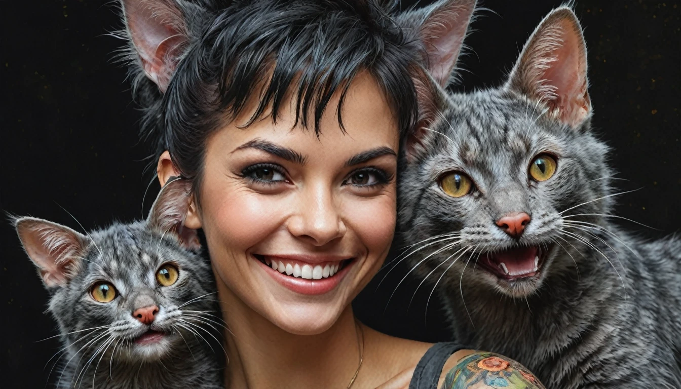 half  body,
a woman smile  with her best friend her Lykoi cat,
dark complex background, style by Thomas Kinkade+David A. Hardy+Carne Griffiths+Mandy Disher half vivid colors fine art, best quality, high detailed, detailed faces, 2d,