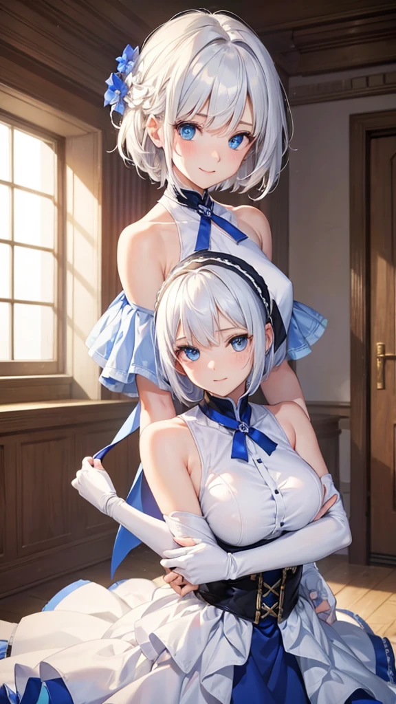 kaine \(nier\), 1girl, white hair, bandaged arm, bandaged leg, bandages, bangs, belt, black footwear, nipple cutout, black gloves, blonde hair, blunt bangs, bra, braid, brown eyes, collarbone, flower, frilled bra, frills, from side, full body, gloves, hair flower, hair ornament, halterneck, hand on own knee, high heels, leg belt, lingerie, looking at viewer, multiple belts, negligee, nier \(series\), short hair, signature, single bare shoulder, single braid, sitting, smile, solo, thigh strap, underwear, white background, white flower, (2heads)