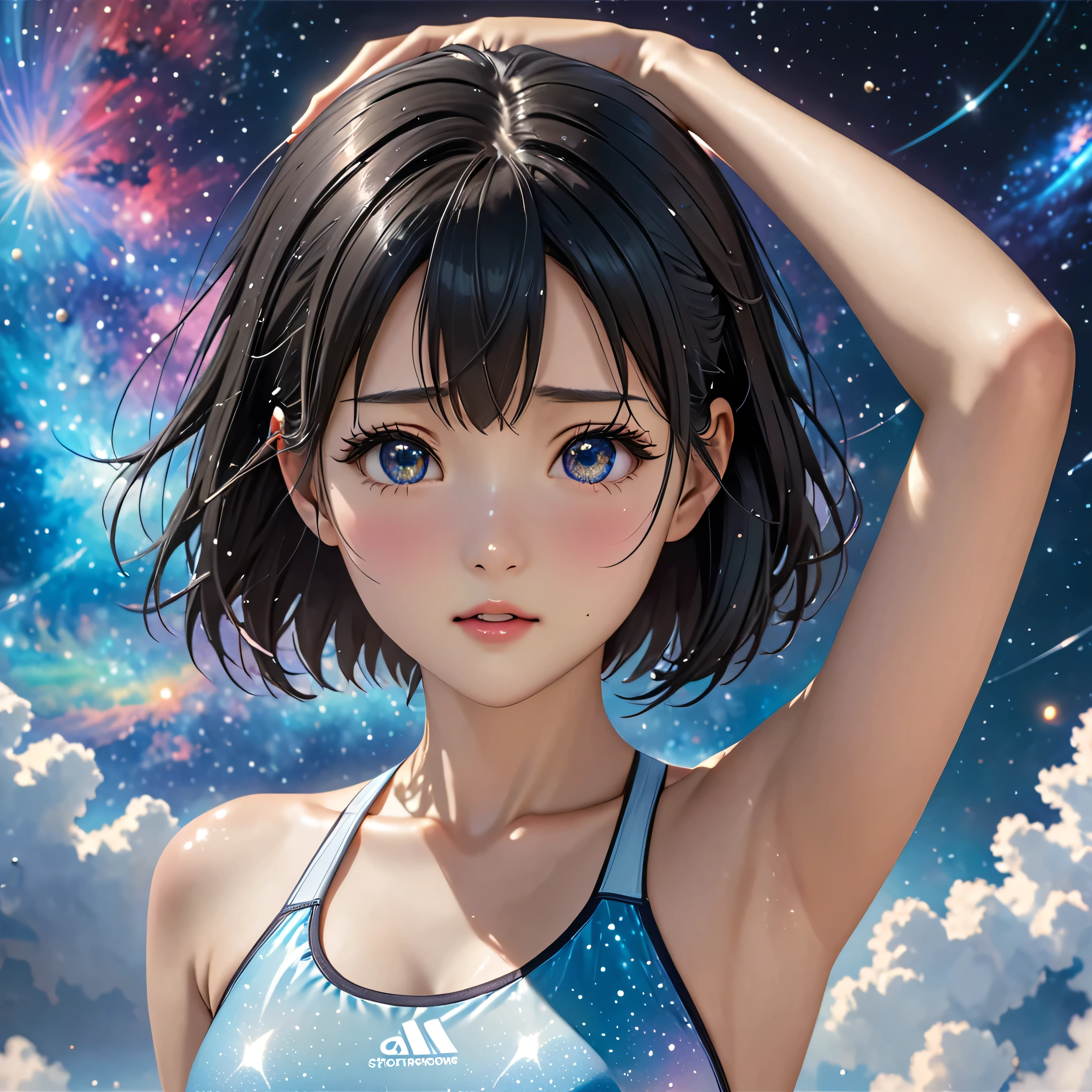 National Science Foundation,masterpiece,High resolution,8K,Art,digit,Three-dimensional,Realism,Kyoto Animation Style,your name movie style,cute,baby face,look into camera,Universe nebula background,(1 girl: 1.3),(alone: 1.4),(Three-point swimsuit),Put your hands behind your head,Black hair,Long eyelashes,Long thin legs,Short Bob,Close-up of upper body,Close-up,Close up,Eyes as deep as the starry sky,shy,pain,sad,Feeling embarrassed