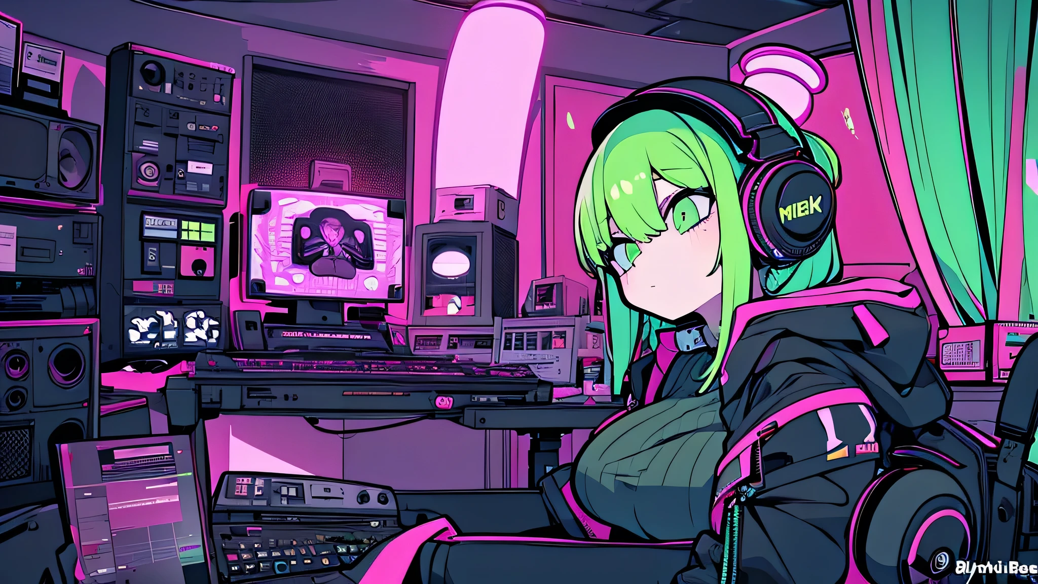 Best quality, (masterpiece), best detail face,1 girl, big breasts, 18 yo, 8k,absurdres,unity 8k wall paper,(extremely detailed:1.3), highest realistic, (retro headphones:), (soft neon light:), (psychedelic), Her room full of music equipment and plants, Light clothing in summer, See the whole room, She is leaving the room, dark yellow color palette