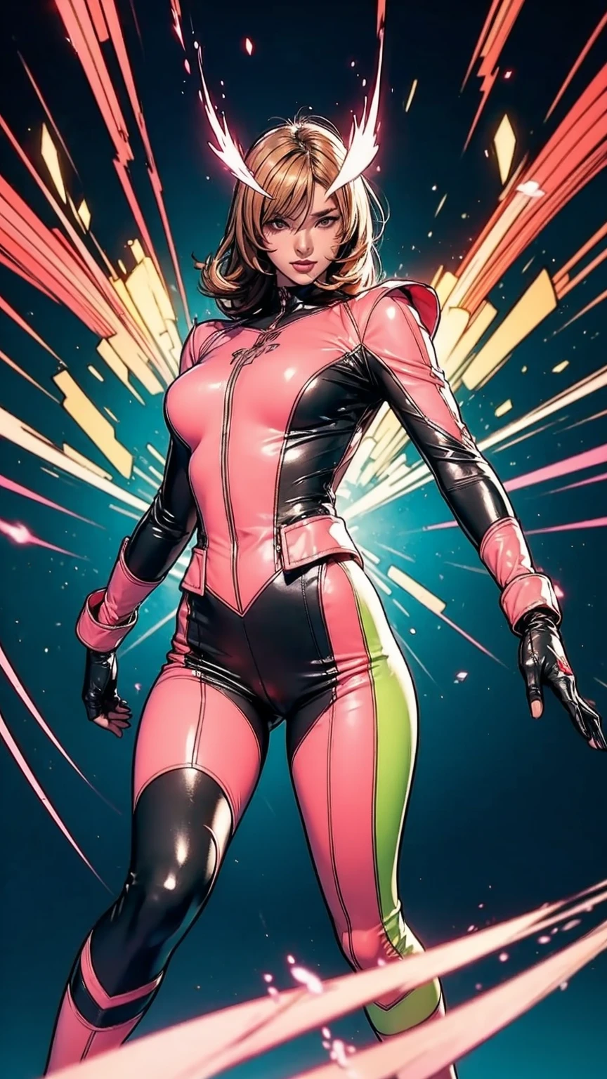 Solo, A brave and courageous image of a 6 member ranger team, Each one is decorated in vibrant colors such as:: ((Pink)), red is front of center, violet, Green, yellow, blue black, white,. Dynamic poses in a background that exudes energy and courage, neon, fire, plasma, Fluorescent, shocking, pink big bomber, splashing pink, running, fighting pose, action pose, Embodying the essence of the classic Sentai superhero team. Each Ranger:: The attire is sophisticated and modern, Each color has elements that reflect its theme., Ready for action. ((Camel Toe)), weapons, in sunset background , in cinematic lighting, cover art mixed cinema poster style,