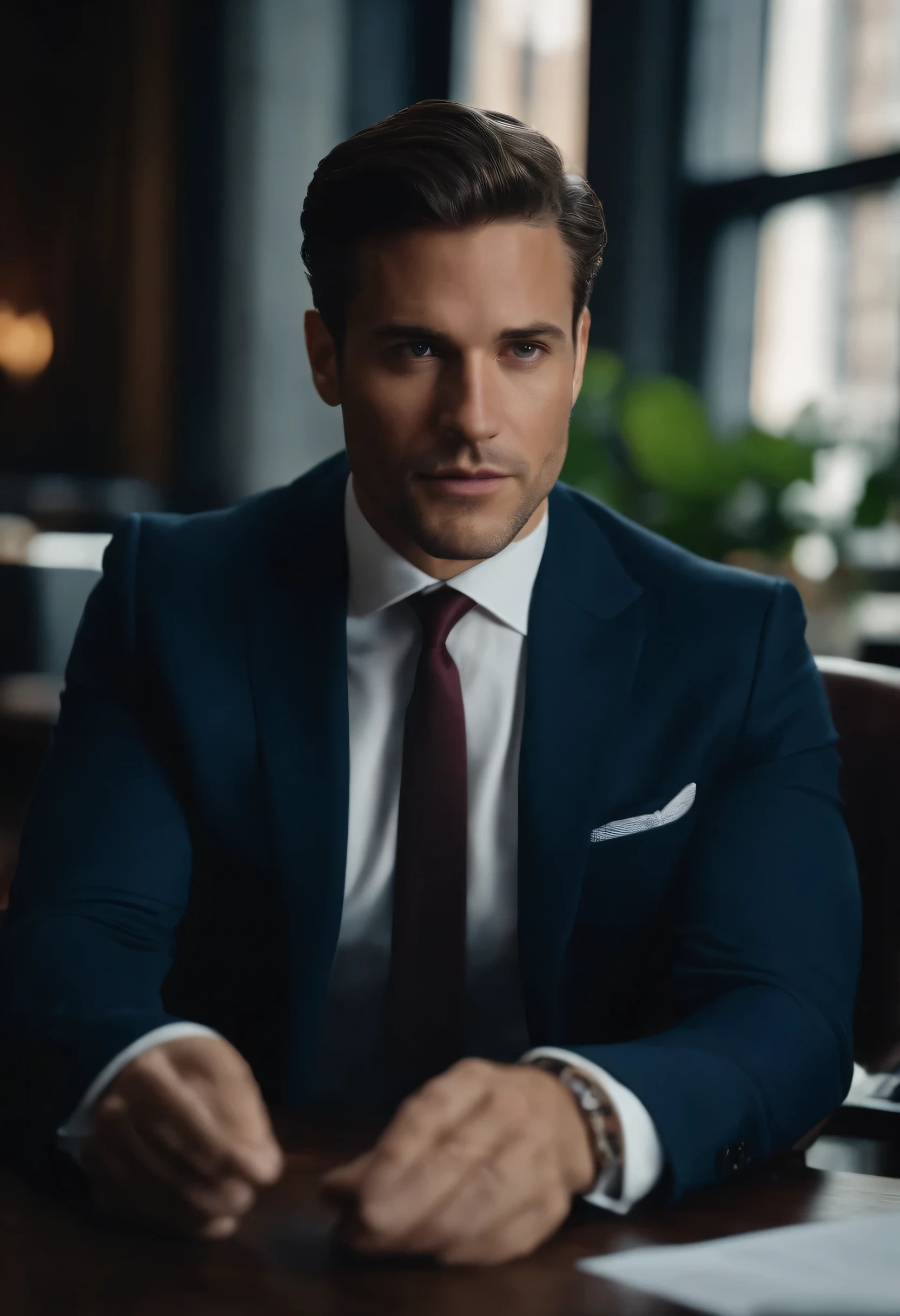 Portrait of New York businessman sitting behind desk in suit This guy must be handsome and elegant The image must be clear, sharp and 8k、Behind him you need to see New York