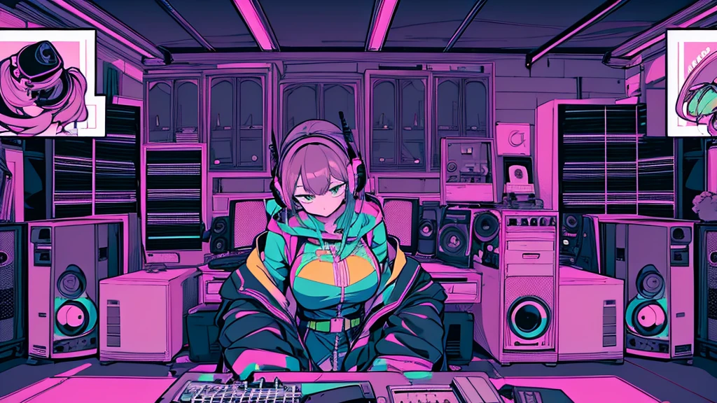 Best quality, (masterpiece), best detail face,1 girl, big breasts, 18 yo, 8k,absurdres,unity 8k wall paper,(extremely detailed:1.3), highest realistic, (retro headphones:), (soft neon light:), (psychedelic), Her room full of music equipment and plants, Light clothing in summer, See the whole room, She is leaving the room, dark yellow color palette
