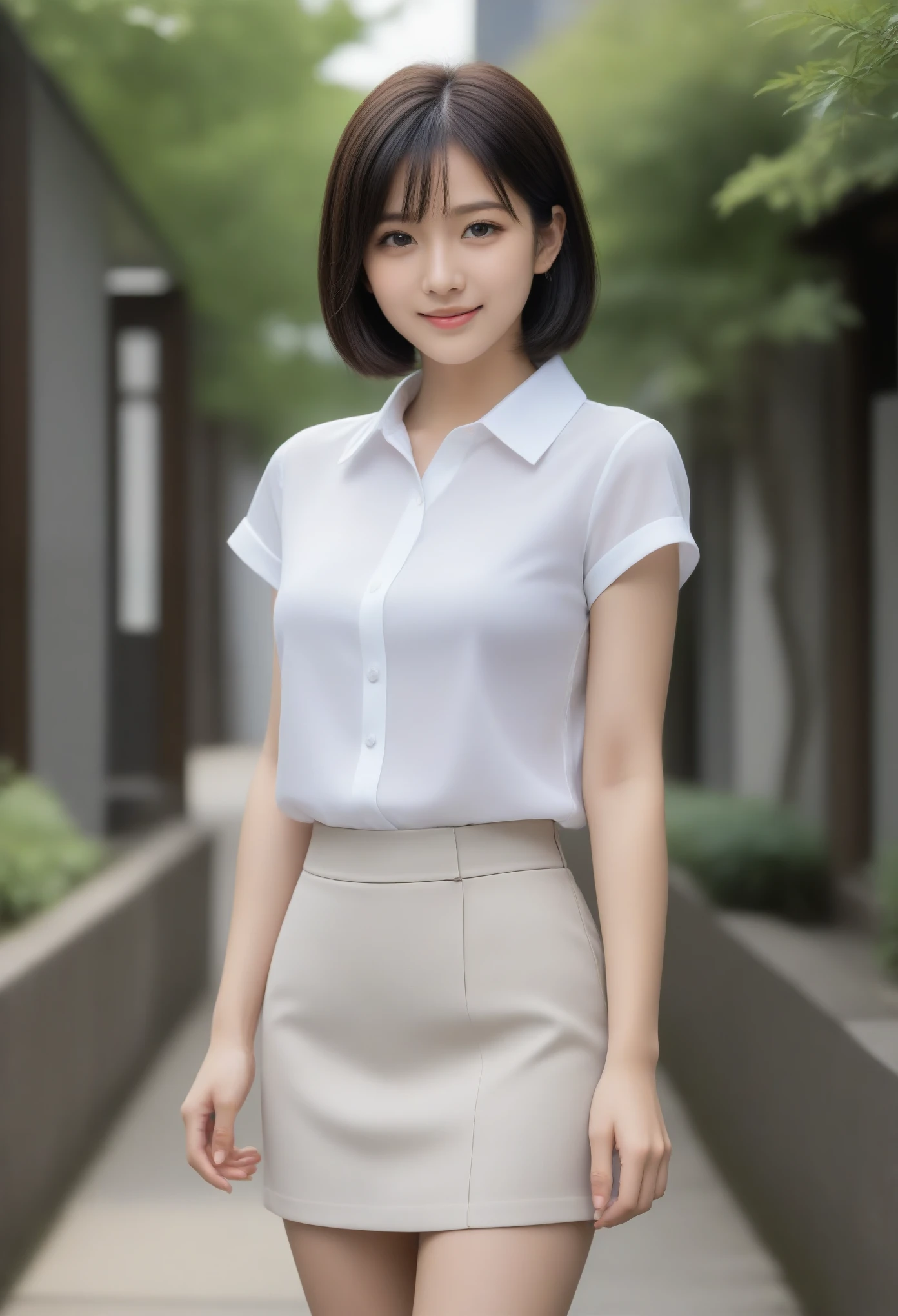 8K, Ultra-high resolution, Highest quality, masterpiece, 三分割法によるphotograph,Surreal, photograph, 1 Girl, (16 years old:1.3), pretty girl, Cute face, Beautiful eyes in every detail, 細かくdetailedに,masterpiece,, One Girl:1.2, Japan Female Announcer,whole body,Young Wife,Urban area,street tree,White blouse with collar,Short sleeve,Mid-length tight skirt,A carefree smile,Heal the heart,Black Hair,Short Bob,Looking at the audience、beauty,Long neck、Laugh a little、Please close your mouth and laugh、(((Ideal body type))),A cup small breasts :2,、Portraiture:2、Perfect Anatomy、鮮明なdetailed、detailed、Surreal、Light and shadow,Strong light 