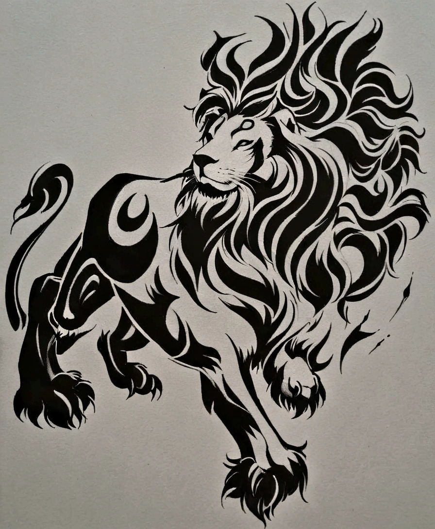 a close up of a drawing of a lion with a large mane, fire lion, 2 d full body lion, ink artwork, drawn on paper, ink art, artistic drawing, sumi ink style, inked drawing, black ink line art, black ink painting, black ink drawing, with the mane of a lion, tattoo design, monochrome artwork!!, artistic sketch