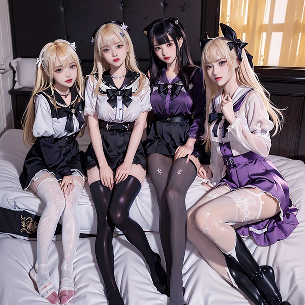 8K resolution, surreal, Super detailed, high quality, perfect anatomy, perfect proportion, 
((((((A group photo in bed room at midnight, satin luxurious bed, 3 girls, group photo)))))), 
(((((purple, wearing black face mask, jirai fashion, sailor collar, lingersuit, Lace, micro mini skirt, bow ribbon))))), 
((grin, happy, detailed face)), standing in lines, 
((((bleached hair))))+, (super large breasts),  
(((detailed oiled skin, detailed skin))), 
(((thin black see-through tights))), looking at viewer