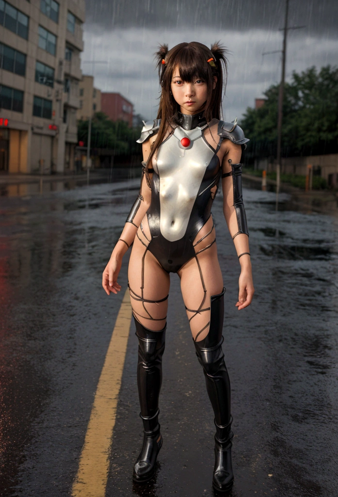 best quality, masterpiece, realistic, photorealistic, 1girl, solo, (12-year old), full body,  long hair, torn asuka cosplay costume, torn cosplay, torn plugsuit, torn bodysuit, hair ornament, detailed background, in street, night, light, rain, 