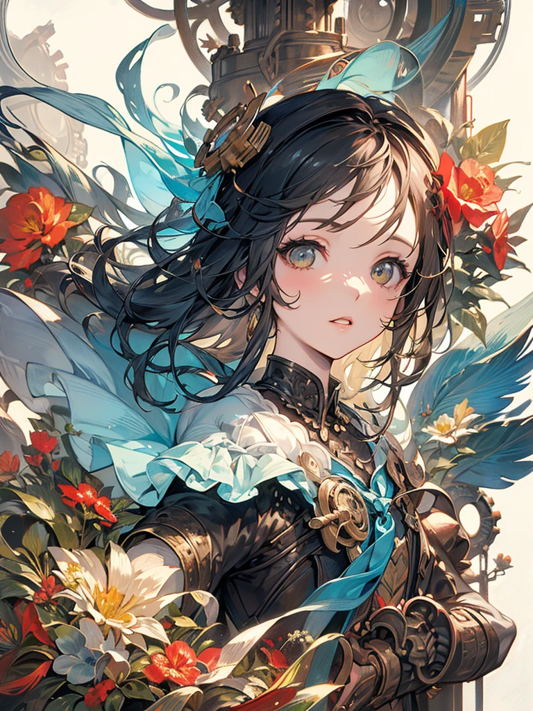 Charlie Bowater Lithograph realistic sketch portrait of a woman, flowers, [gears], pipes, dieselpunk, multicolored ribbons, old paper texture, highy detailed