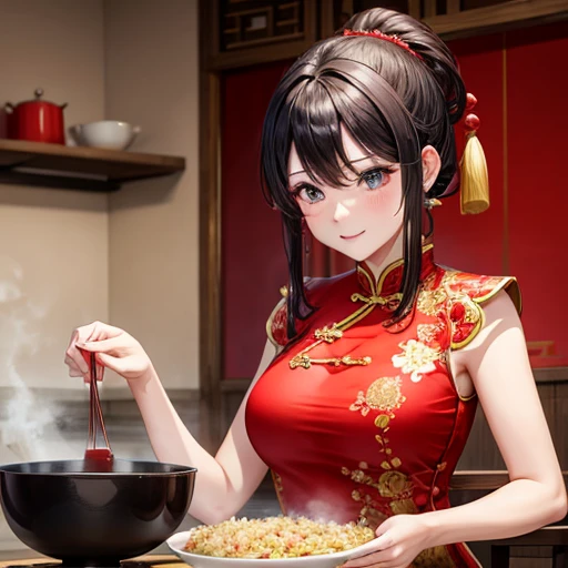 Mature Woman　Red Chinese Dress　Using a Chinese pan､Making fried rice　There is a slit