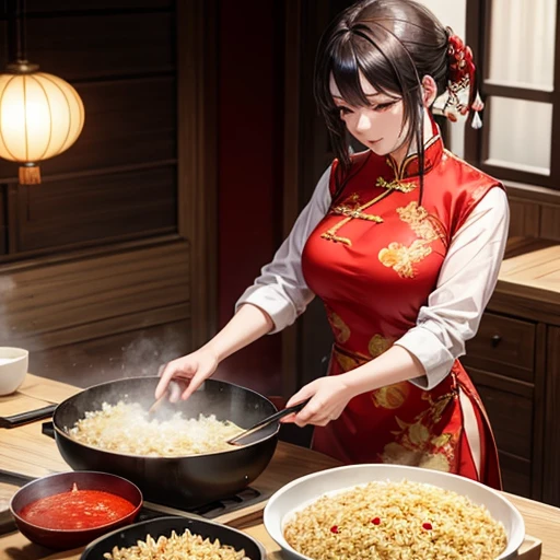 Mature Woman Red Chinese Dress Using a Chinese pan、Making fried rice There is a slit
