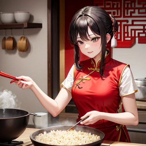 Mature Woman Red Chinese Dress Using a Chinese pan、Making fried rice There is a slit