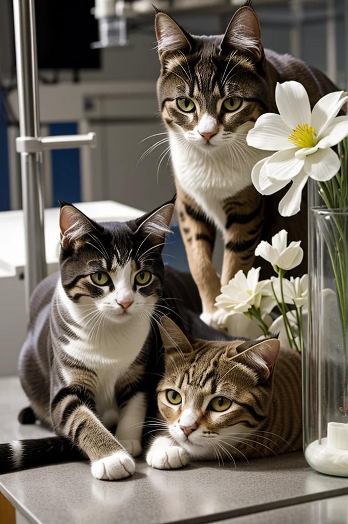 Generate an image of cats, world, canservero, flores, laboratory,