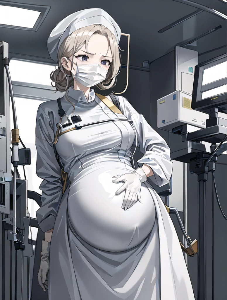 Score_9, Score_8_up, Score_7_up, source_anime, pale skin, surgical mask, surgical cap, long sleeve surgical gown,
1 girl, pregnant, solo, rubber gloves, looking down, frowning, operating bed, in the operating room, standing,