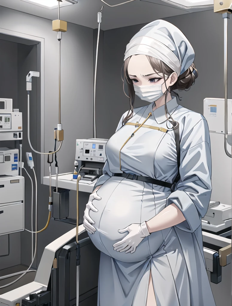Score_9, Score_8_up, Score_7_up, source_anime, pale skin, surgical mask, surgical cap, long sleeve surgical gown,
1 girl, pregnant, solo, rubber gloves, looking down, frowning, operating bed, in the operating room, standing,