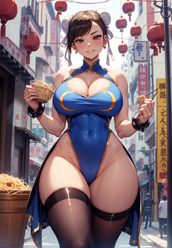 (((Cool beauties、shinny skin:1.5)))(masutepiece), (Best Quality), 8K resolution, Ultra-detailed, ultra-detailliert, Realistic, photograph, Photorealism, ((1woman)), chun li, Chun-Li costume, Perfect body, Smile, grin, lewd smile, laugh, Huge breasts, musculature, thick thighs, thick legs, wide hips, big breasts thin waist, ((Chinatown、in fighting、Doing a high kick)), slim thick, solo, eating ramen, mouth, drool