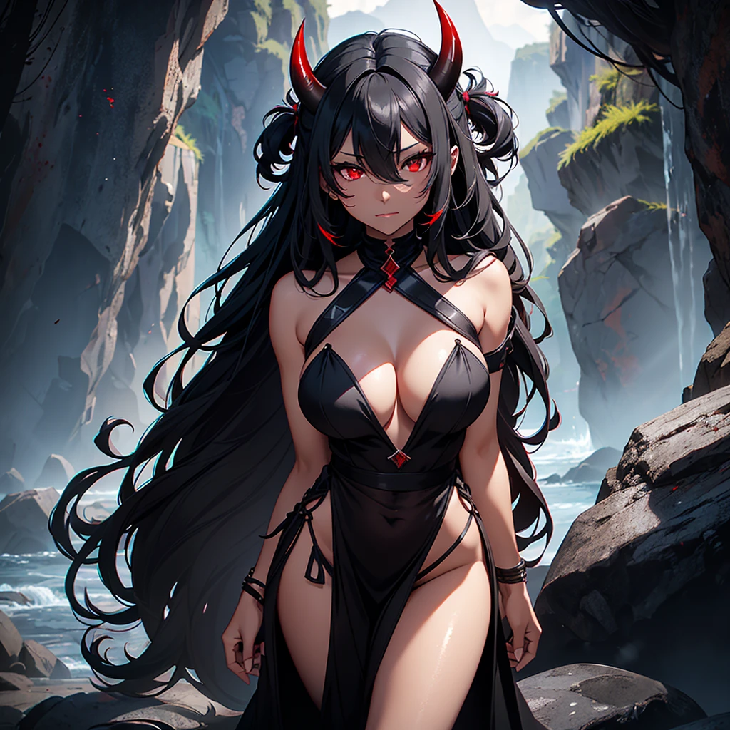 Alluring young woman oni with dark grey skin, red eyes, long black hair, very dark grey skin, and two black horns wearing dirty brown rags. Full body in cave background
