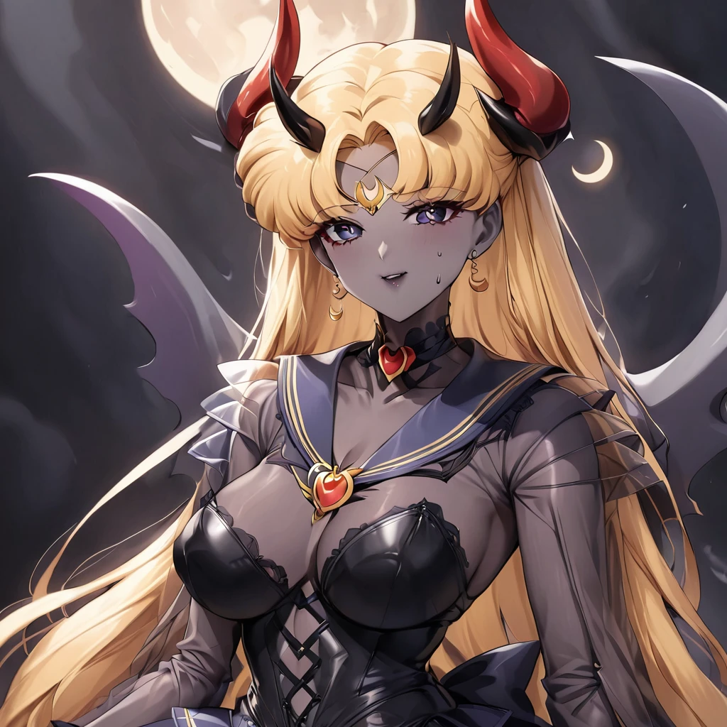 ((Highest quality)), ((masterpiece)), (detailed), (Perfect Face)、The woman is the dark queen of the black moon of the Black Moon clan, a lustful and evil demon warrior, the demon queen, Devil Queen Sailor Moon, and the woman is a sexy female demon with jet black skin, Devil Queen Sailor Moon.、The woman is a jet-black female demon with magnificent devil horns, jet-black devil wings, and a jet-black tail. Her skin is jet-black, and she has a black inverted crescent moon mark on her forehead. Her gorgeous black skin is visible through her black see-through ta Gothic Victorian wedding dress, black wedding veil, and black see-through cape. She is a jet-black demon, Devil Queen Sailor Moon, and has blonde hair.2The expression of a girl in love with her long hair tied up、Woman is Devil Queen Sailor Moon