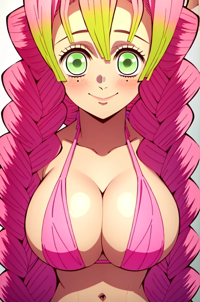 (masterpiece, best quality), intricate details,
MitsuriKanroji, kanroji mitsuri, 1girl, solo, long hair, winking, green eyes, pink hair, braid, green hair, twin braids, smile, cute smile, blushed smile, blush, blushing, large breast, huge breasts, bikini top, headshot, collarbone, neck, bare shoulders, pink bikini top, cleavage, top angle, shot from above, perfect shot, plain background, white background, photoshoot, complete head in frame, top of head, zoomed out, top of head, perfect shot, perfect framing, background