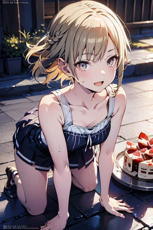 (from below:1.2),22 year old beautiful girl,Purplish blue eyes that dreamers desire,(Blonde hair) ,Longhaire,Twin-tailed,Braids, Hairline,small stature, (masutepiece:1.2, Best Quality),(finely detailed beautiful eye: 1.2),(beautifull detailed face),(perky chest:1.1),(pointed chest:1.2),(cakes magazine cover:1.5),(Best Illumination, extremely delicate and beautiful),sexy pose, in a bar counter,Ultra Contrast,Braid a little around the ears, White long dress, (very detailed),(Raw photo, highest quality),(realistic, Photoreal:1.3), high detail, very detailed complex 3D rendering of face, (very detailed skin:1.2), dynamic angle, fire glow effect, professional lighting, side light, cinematic light, a super high resolution, 8K , best shadow, particles of light, Fine skin texture, detailed face, intricate details, Super detailed, shine, Please reconsider, full body,, beautiful face, shiny skin, thin, nice companion, delicate body, thin legs, naked apron, ((crawl on all fours:0.9)), beautiful back, butt,little turn around, (A picture from a very little behind:0.7), bend the body, the skirt is floating in the wind:1.4, Dark purple panties, thin Pubic hair ,highest quality, high resolution, Real World, Natural light, perfect Natural Light,Realistic, (cute, perfect clothes, cute: 1.3) ,narrow waist,(with sparkling eyes and a contagious smile), open mouth, looking at viewer,
