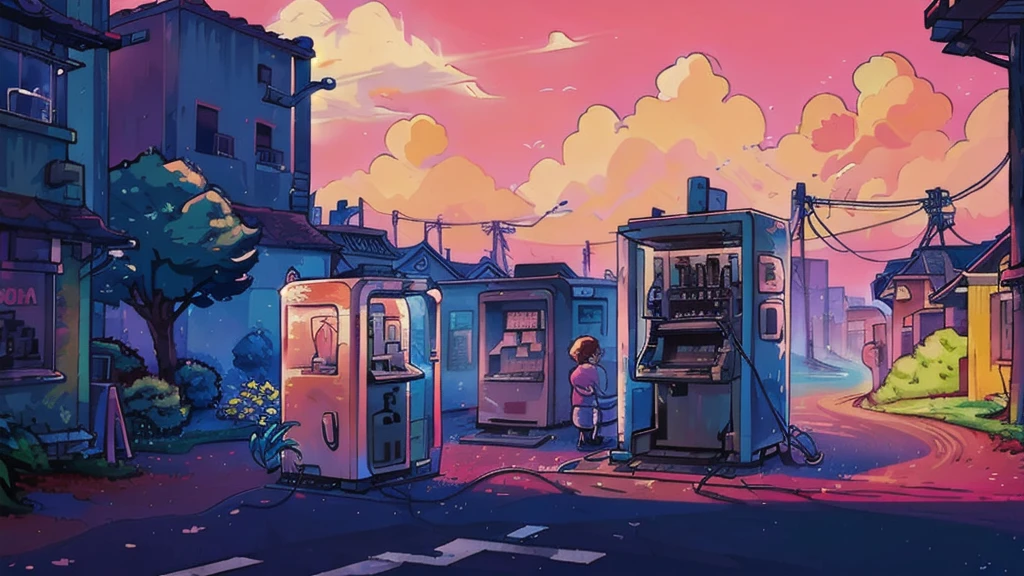 lo-fi style anime illustration, best qualityer, work of art, ultra high resolution, aesthetic lofi illustration of a street soda machine from japan