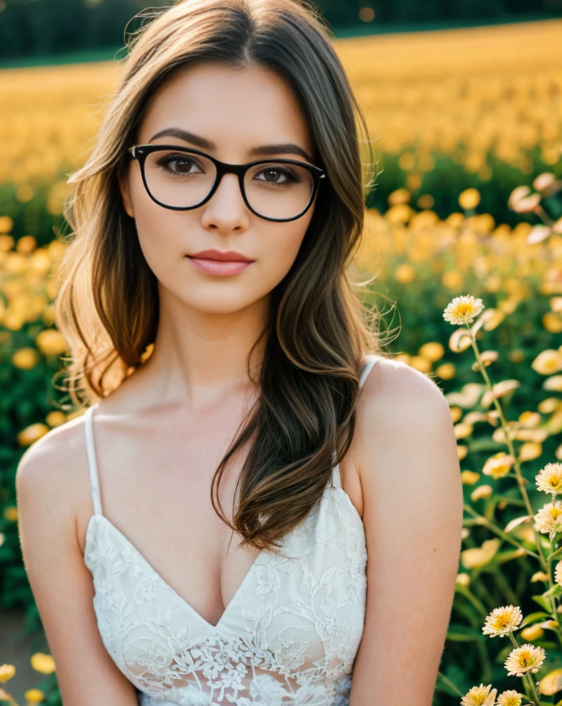 (Gal Gadot:Evangeline Lilly), (looking at viewer, light smile, ), brown hair, brown eyes,  long hair, hair_flying, Fluttering hair, flying_hair, ((Transparent glasses, glasses, glasses_on_nose)), ((white dress)), (downblouse), (no bra), sexy, charming, stunning,  enhance, delicate, (pale skin, real_skin), sunlight, spring, field of flowers, (flowers in the hair), outdoor, best quality, high quality, highres, 8k, photo realistic.
