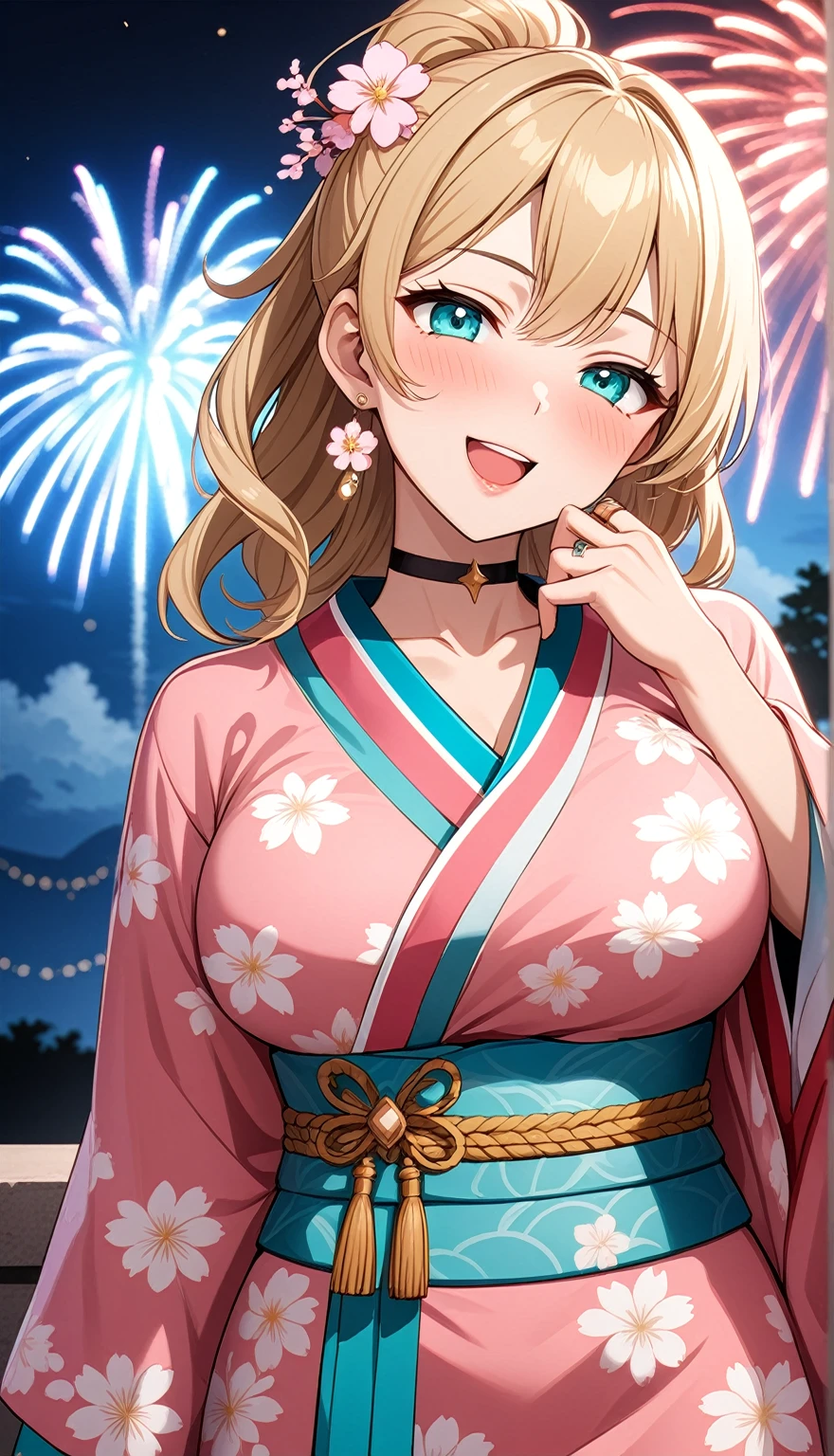 ((One personの女性)), Beautiful Face,(Laughing embarrassedly), (naughty face:1.2), ((Wink:1.9)), (head tilt:1.3), Laughing with your mouth open, upper teeth, ((full-face blush:1.5)), looking at viewer, Glossy Red Lips, (Shining Face), ((anime colored)), ((Anime style background)) , night, Observatory, Festival decorations, firework, ,masterpiece, Highest quality, so beautiful,up to date, Complex details, (Pink long nails),(ring),(bracelet),(choker),AI-generated, Complex,High resolution, Highest quality, super high quality,3D Images、3D Images,One person,Long blonde hair,ponytail, wavy hair ,写真のポーズをとるAnime Women, ((Fine grain、Lightly pigmented turquoise eyes、Shining Eyes:1.3)), (Squint your eyes:1.1),a hyperRealistic , hyperRealistic , Realistic,Anime Women, Smooth anime CG art, A woman in a colorful kimono with gold embroidery, ((Pink long sleeve kimono:1.4)),(white floral pattern:1.3), Long flower hair ornament,Earrings,Mature Body,(Big Breasts:1.1),Tall,Abdominal muscles,Tight waist,(face focus:1.3), ((front view)),