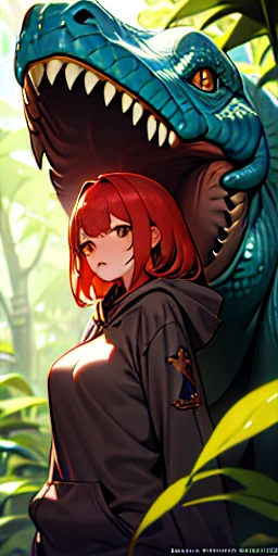 close up of a person wearing a hoodie, shadowverse, hot reptile humanoid woman, jungle, dinosaur, redhead, covered sfw huge breasts, cute!, panini, posse features, artwork in the style of z.w. gu, extinct species, featured on amiami, unzoom