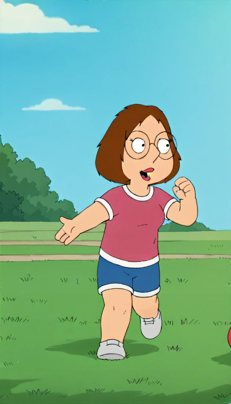 meg, (((1girl, solo, alone, short brown hair, glasses))), shortstack, flat color, looking at viewer, parted lips,
grin, running, sportswear, crop top, soccer uniform, short sleeves, blue short shorts, pink shirt, white gloves, grass,
dynamic pose, dynamic angle, cowboy shot,
outdoor, day,