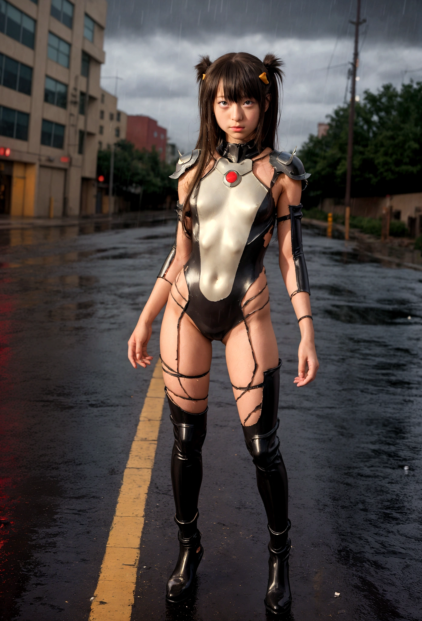 best quality, masterpiece, realistic, photorealistic, 1girl, solo, (12-year old), full body,  long hair, torn asuka cosplay costume, torn cosplay, torn plugsuit, torn bodysuit, hair ornament, detailed background, in street, night, light, rain, 