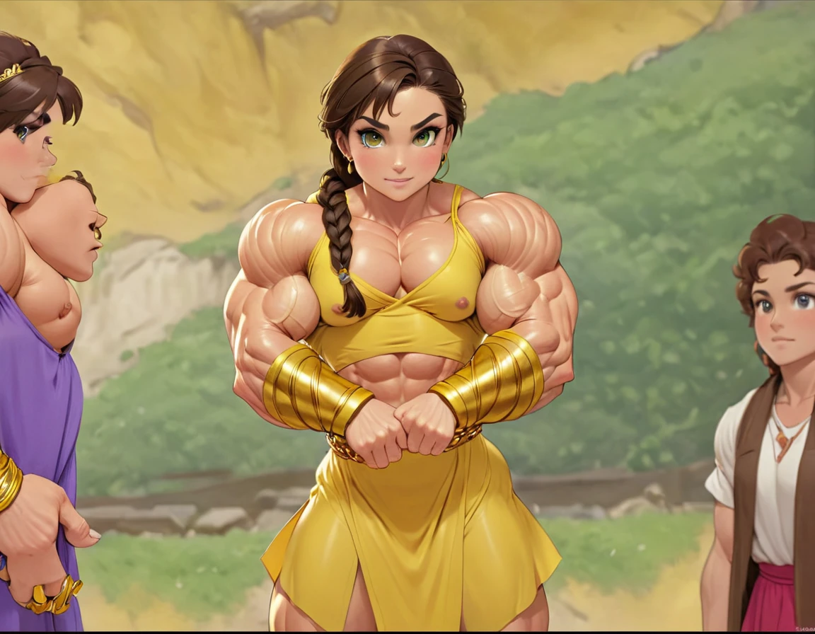 muscle woman with braided brunette hair wearing ancient greek yellow tunic flexing massive muscles wearing yellow metal bracelet, muscle woman, huge muscles, muscle girl, biceps, pecs