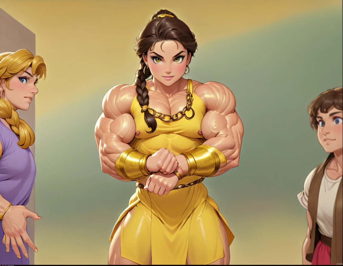 muscle woman with braided brunette hair wearing ancient greek yellow tunic flexing massive muscles wearing yellow metal bracelet, muscle woman, huge muscles, muscle girl, biceps, pecs