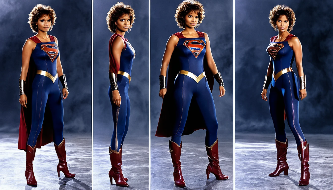   full body photo; old and sexy Halle Berry in a 1984 Supergirl spills the beans; determined, confident, imposing woman; airbender.