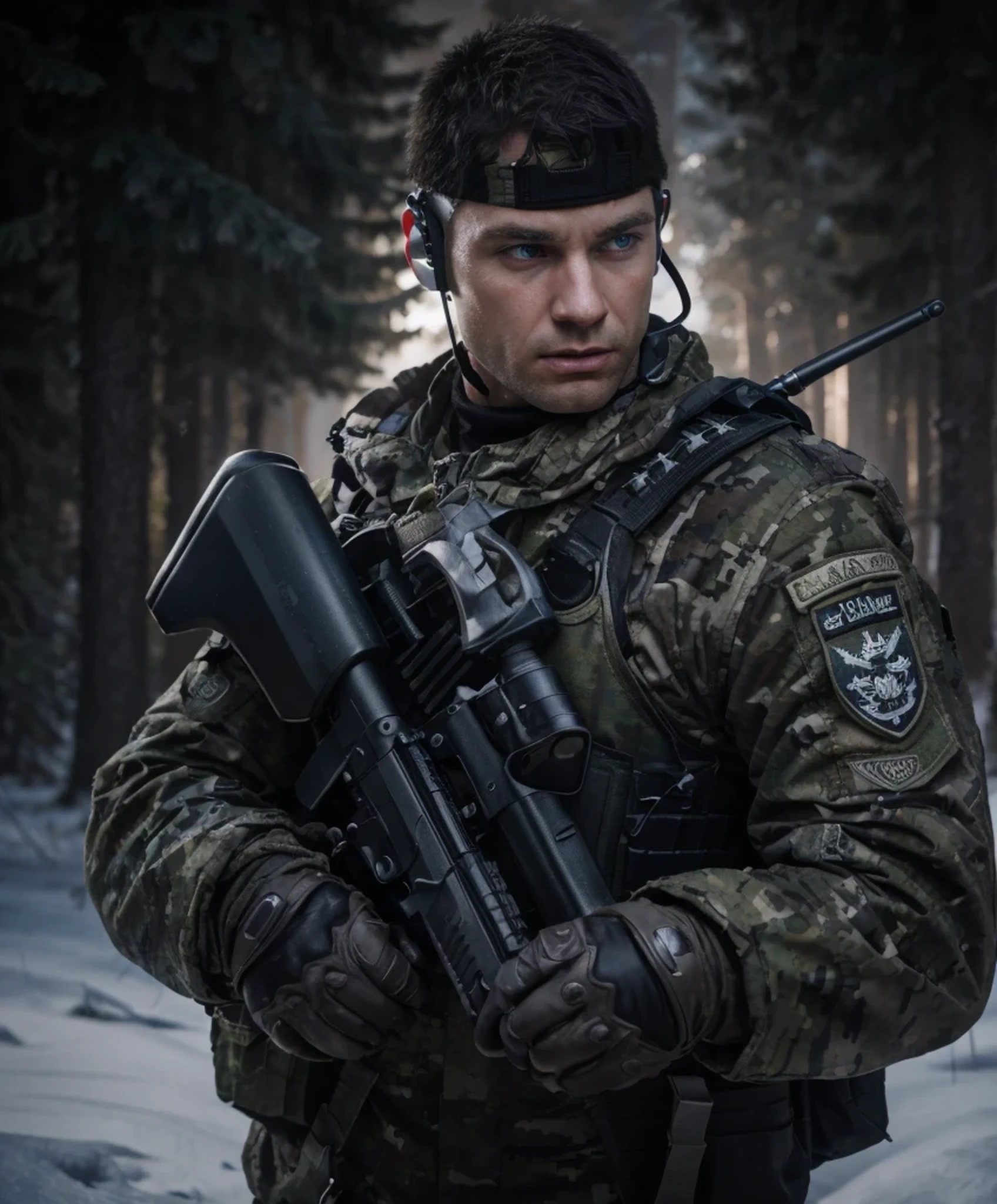 male soldier, British face, rude and angry expression, white skin, blue eyes, very short hair, wears military uniform, blue and gray camouflage uniform, bulletproof vest, headphones, communicator, cables, holds a rifle, black leather gloves, is outside a wild snowy Russian forest, night, dark night, low light, 4k, Ultra detailed image, realistic, Highly detailed, perfect composition, gorgeous, Intricately detailed, incredibly detailed, Art photography 8K, hyper detailed, Masterpiece, Ultra detailed, hyper realistic, 4k, Ultra detailed image, realistic, Highly detailed, perfect composition, beautiful, intricately detailed, incredibly detailed, art photography 8k, hyper detailed, masterpiece