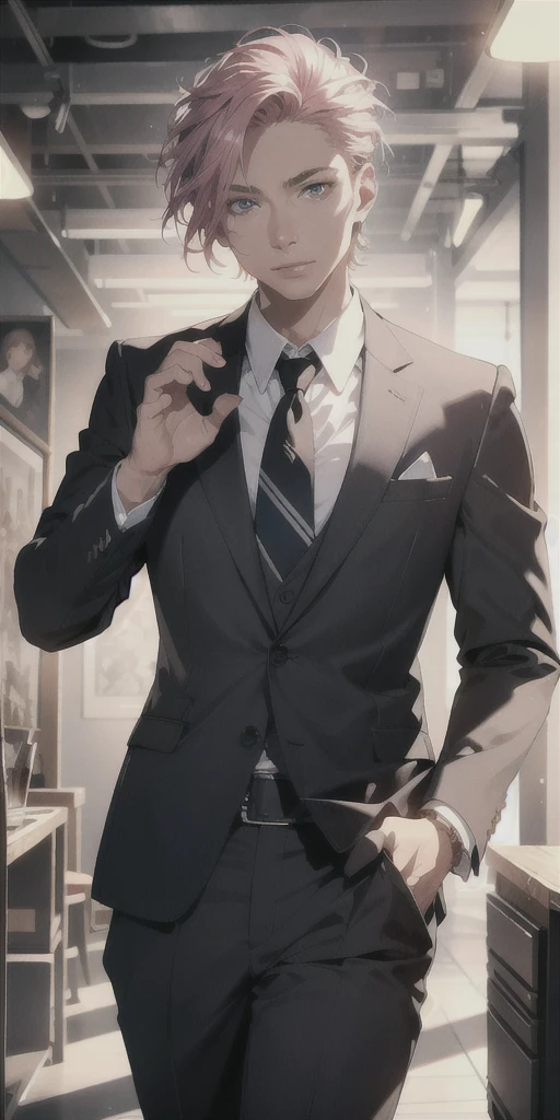 a man in a formal suit, high quality detailed illustration, 1 mature man, full body, bishoujo, bright skin, looking down, looking at viewer, pink hair, blue eyes, hanbok, high quality tailored suit, corporate CEO, (best quality, 4k, 8k, highres, masterpiece:1.2), ultra-detailed, (realistic, photorealistic, photo-realistic:1.37), HDR, UHD, studio lighting, ultra-fine painting, sharp focus, physically-based rendering, extreme detail description, professional, vivid colors, bokeh, portraits, concept art