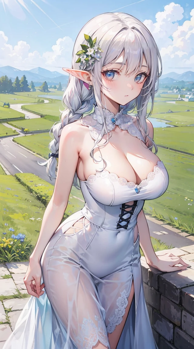 beautiful woman,Folk Girl,Long, white hair with blue eyes,I have a long braid on the right side.,She wore a strapless white dress with no straps.,wearing a white coat,countryside,countryside,beautiful scenery,European Middle Ages,smile with teeth,forehead,forehead exposed,big tits,rift, (Elf Princess),(2 young women ,beautiful woman)