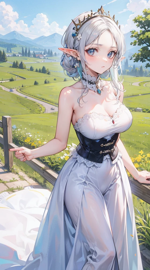 beautiful woman，Folk Girl，Long, white hair with blue eyes,I have a long braid on the right side.，She wore a strapless white dress with no straps.,wearing a white coat，countryside，countryside，beautiful scenery，European Middle Ages，smile with teeth，forehead，forehead exposed，big tits，rift, (Elf Princess),(2 young women ,beautiful woman)