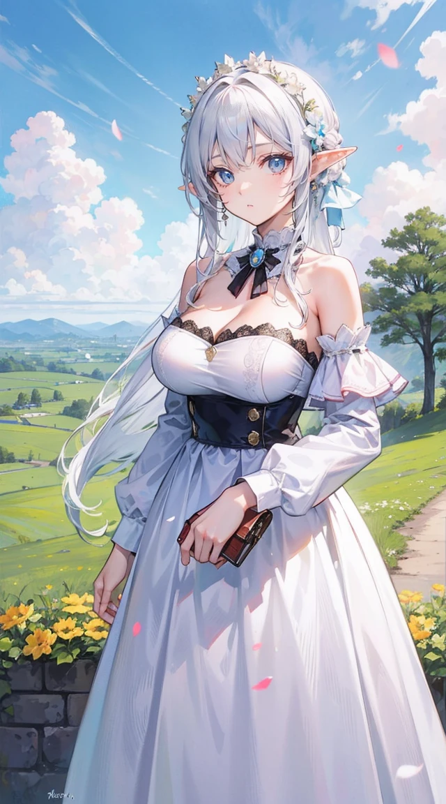 beautiful woman，Folk Girl，Long, white hair with blue eyes,I have a long braid on the right side.，She wore a strapless white dress with no straps.,wearing a white coat，countryside，countryside，beautiful scenery，European Middle Ages，smile with teeth，forehead，forehead exposed，big tits，rift, (Elf Princess),(2 young women ,beautiful woman)