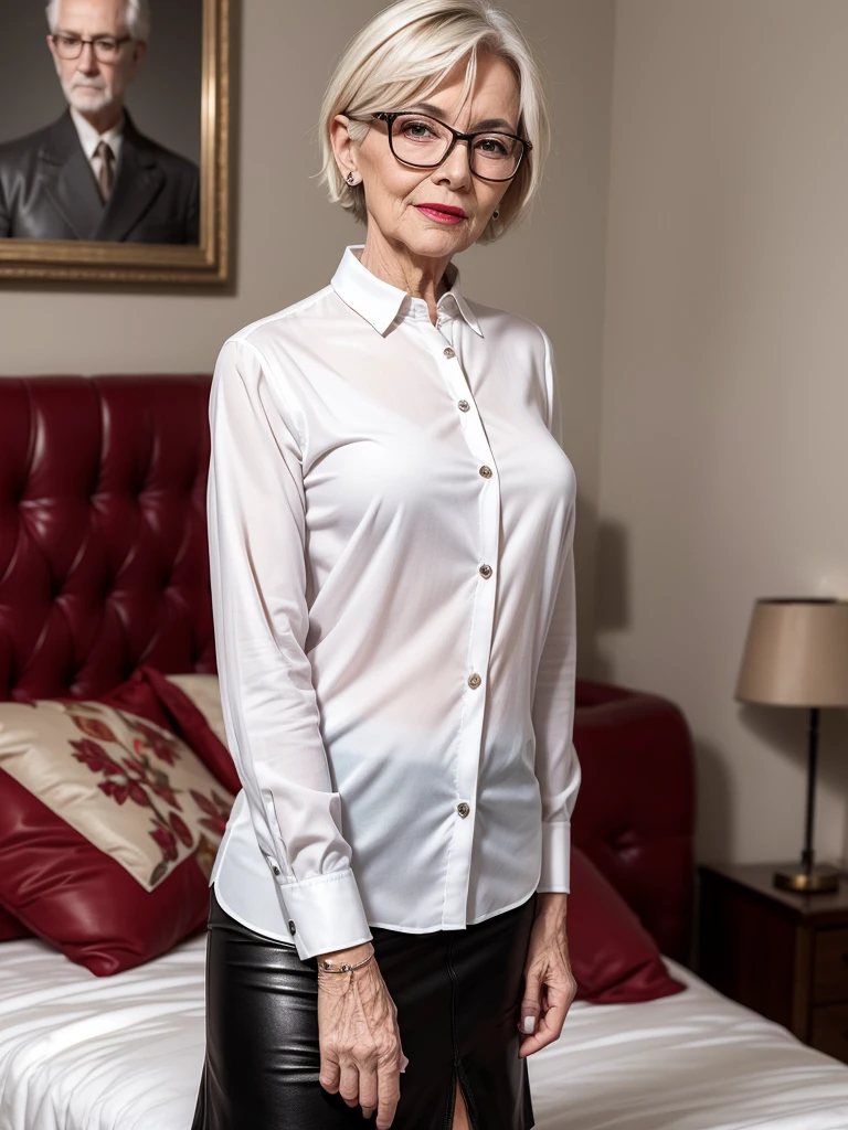 The best picture,The most realistic,4K clarity,bright picture,(Old Europe woman),(age 70),half image distance ,White long-sleeved cotton shirt , holographic leather skirt, short hair, glasses, red lips, organs not distorted, organs not torn and not overloaded, bedroom