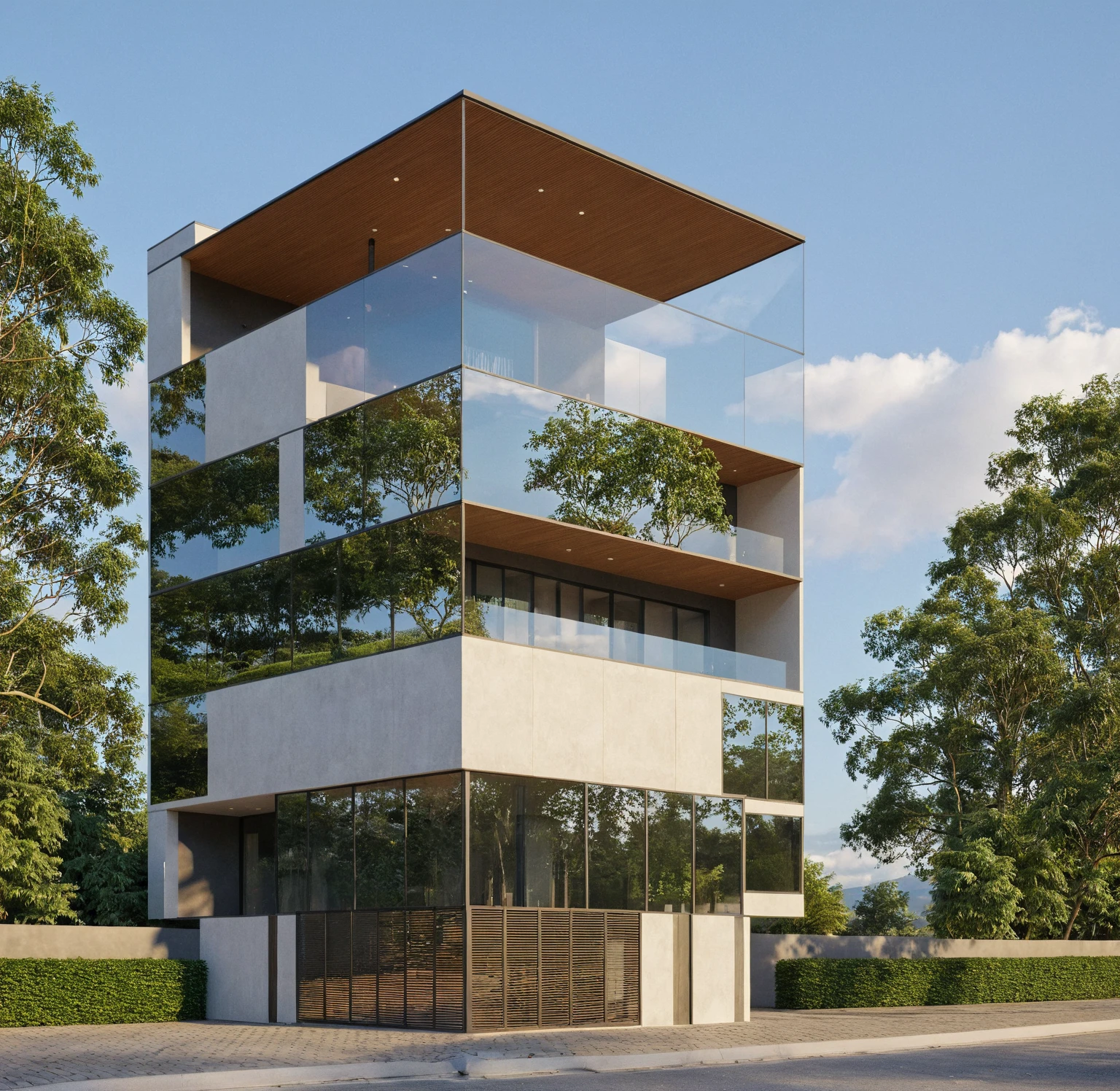 Raw photo,Masterpiece, high quality, best quality, authentic, super detail,
exterior, outdoors, house style modern on the street, glass windows, gate, wooden ceiling,
road,pavement, trees, sky, cloud, (daylight:1.1)